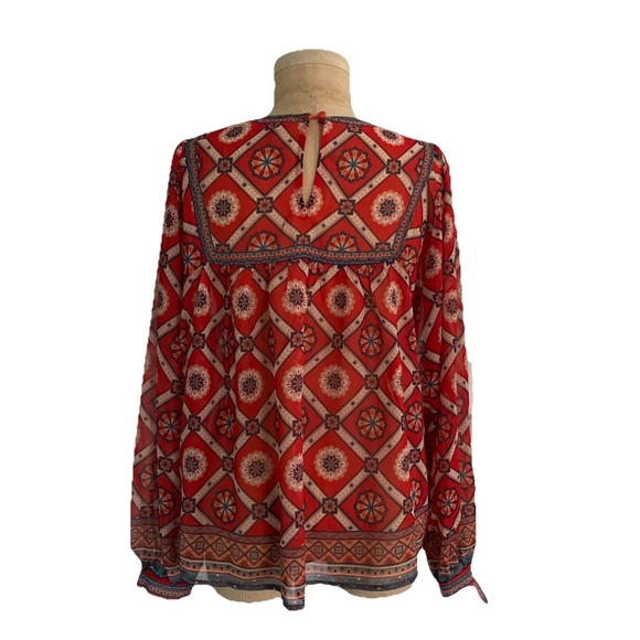 Flying Tomato Boho Floral Geometric Print Long Sleeve Peasant Blouse Red Navy L - Picture 2 of 5